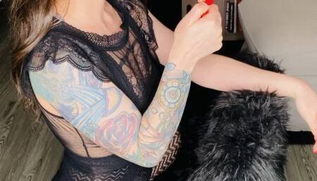 Smoking in Lace Bodysuit and Fishnets