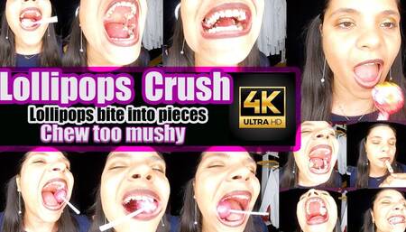 Bite very large lollipops, 2 lollipops and a pair of sweets, I chew up and bite them into a pulp until I swallow them 4k clip