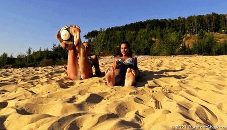 Sporty girls Anastasia and Olivia with big feet and a ball on a public beach (Part 1 of 6) #20211105