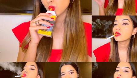 Side dangling close up in a Marlboro red - red lips and some darkside talk