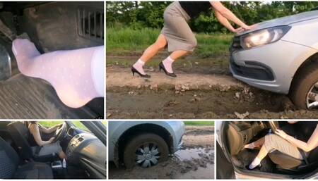 Sexy real estate agent got her Lada stuck in deep mud
