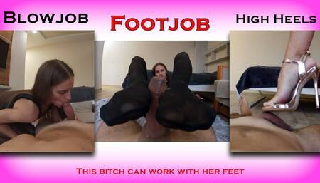 Blowjob & Footjob and High heels in pantyhose - Her legs in high heels do wonders and the dick turns into a rock from which cum erupts