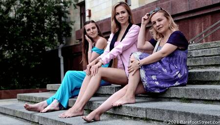 Three blondes Irene, Lilia and Valentina walk barefoot in the city after a summer rain (Part 3 of 6) #20211017