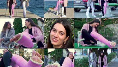 Lara LLC Crutching Around Town and Resting POV Foot Show  (in HD 1920X1080)