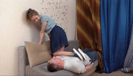 Skinny removes jean trainers to stamp feet on man's mug, vf2325x 1080p