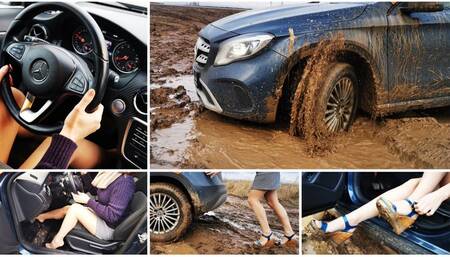 Sexy real estate agent got her Mercedes stuck in deep mud