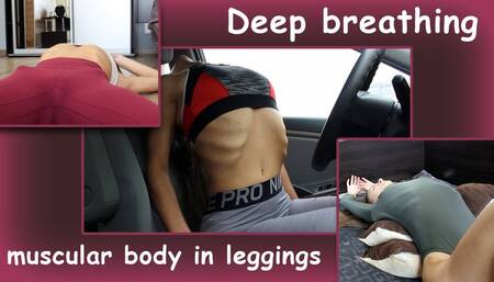 Deep breathing muscular body in leggings - Sexy stretching in the car in the mirror and on the chair The curves of my belly