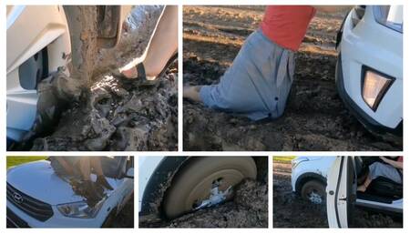 Hard stuck in deep soft mud all muddy clothes