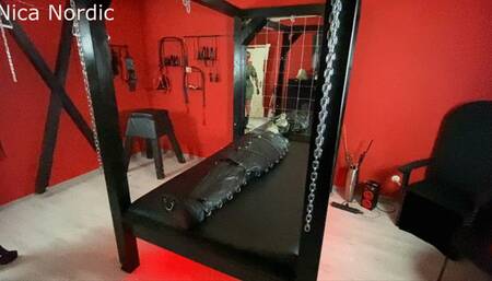 Ruined orgasm in bondage bag