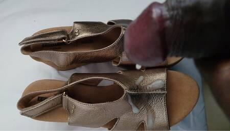 Jerking Off Black Cock And Cum on My Stepdaughter Wedge Sandals (masturbation)