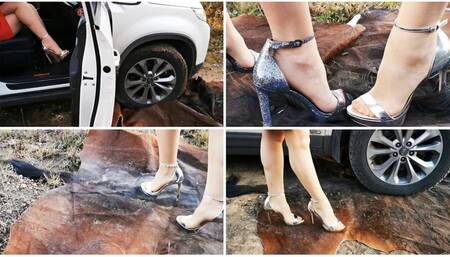 Sexy girls in pantyhose and high heels crush real horse's skin