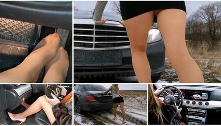Sexy Emily got her Mercedes stuck on ice hill