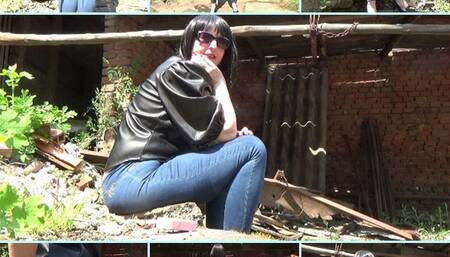 Ass twisting on concrete, jeans peeing and smoking