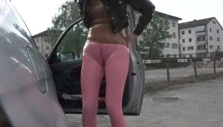 Pierced Latex Girl in Pink Leggings, Blouse,  Jacket, Demask  Corsett & Mask Gloves walks in the city with piercings rings hanging out & Masturbating Rubber Dildo PART I