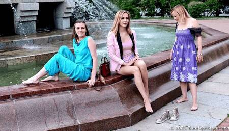 Three blondes Irene, Lilia and Valentina walk barefoot in the city after a summer rain (Part 4 of 6) #20211017