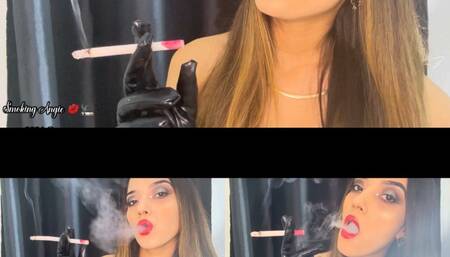 Glossy red lips, leather gloves and audible inhales smoking a 120s cigarette