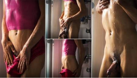 Crossdresser hot shower strip and tease in pink clothes