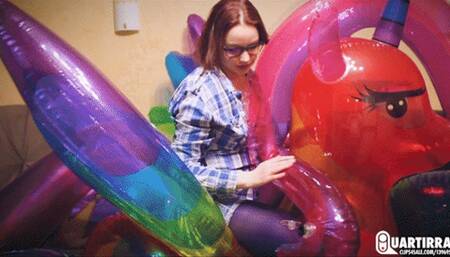 Q679 Depry rides and deflates huge Rainbow Pony - 480p