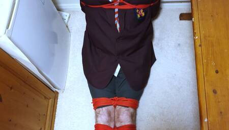 Making  bound and gagged man in adult school Uluniform pee in a bottle