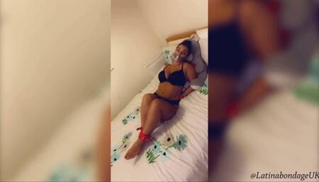 Latina in red leather cuffs hogtie and tape gagged! (HD)