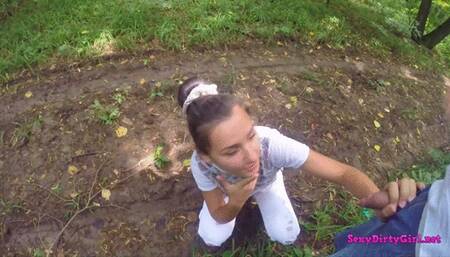 I suck his cock in the woods