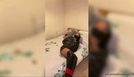 Latina in leather boots and full leather outfit tied tight and wrap gagged (smaller size)