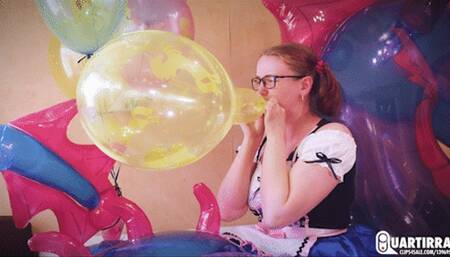 Q700 Derpy unties 6 helium 14'' Unicorn balloons and blows them to pop - 1080p