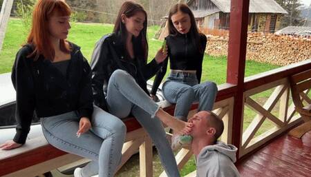 Group Foot Domination And Socks Worship Femdom Outdoor With Sofi, Kira and Dina (MP4 HD 1080p)