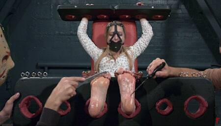Olesya - Wild foot tickling in stocks by four hands with many devices (HD 720p MP4)