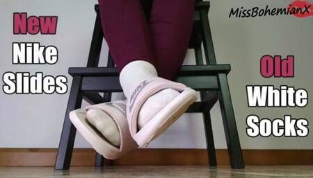 New Nike Slides and White Ankle Socks - Shoeplay Dangling Toe Tapping Sandals Foot Fetish - MissBohemianX - SD MP4