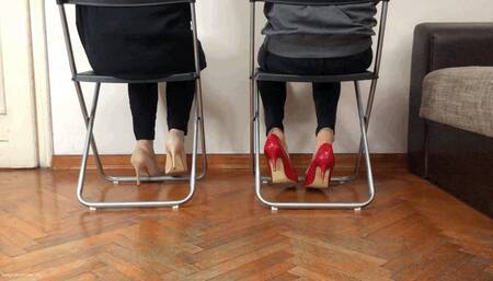 TWO GIRLS IN A WAITING ROOM SEXY SHOEPLAY IN HIGH HEELS AND FOOTSIE - MOV HD