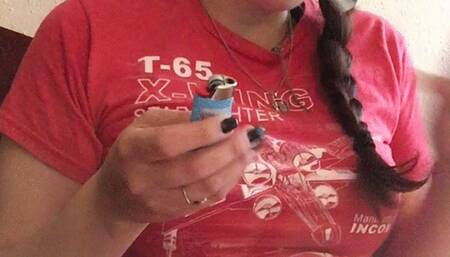 Chubby Nerdy Girl Smoking in Tight T-Shirt with Big Belly Hanging Out - Belly Jiggling - T-Shirt and Panties