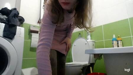 Toilet fetish in pink dress and tights mp4