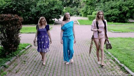 Three blondes Irene, Lilia and Valentina walk barefoot in the city after a summer rain (Part 5 of 6) #20211017