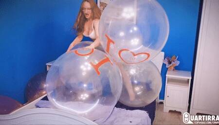 Q761 Mariette in sexy white lingerie rides and pops big clear balloons - 480p