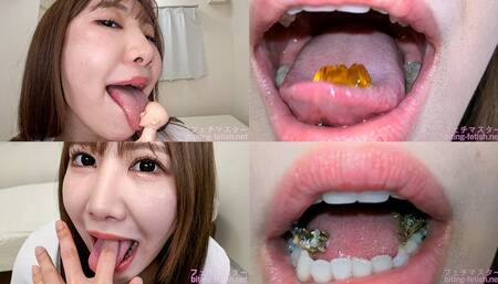 Miina Wakatsuki - Showing inside cute girl's mouth, chewing gummy candys, sucking fingers, licking and sucking human doll, and chewing dried sardines mout-91 - 1080p