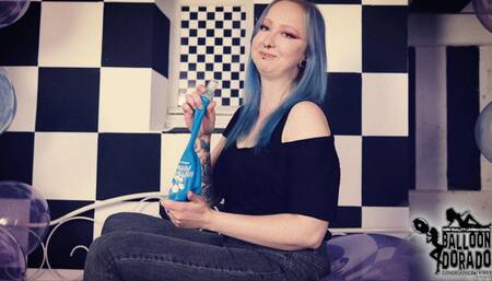 Emily is blowing a soap blue 24 Inch ballon untill it pops HD Version