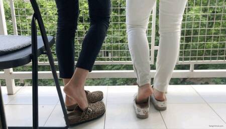 TWO GIRLS SHOEPLAY IN CLOGS ON A BALCONY - MP4 Mobile Version