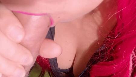 Latex girl sucks me and swallows cum with her tits - Female POV - Close up