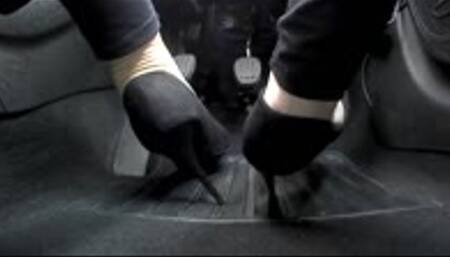 Driving the Corsa in Black Suede Office Heels - Floor View