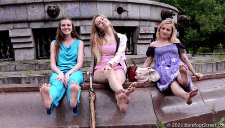 Three blondes Irene, Lilia and Valentina walk barefoot in the city after a summer rain (Part 6 of 6) #20211017