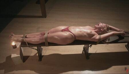 Fire play with topless Kristina that stretched and tied on a bench (FULL HD MP4)