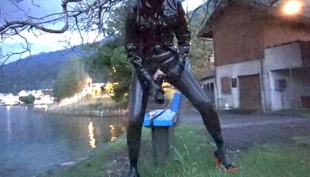 Pierced Latex Girl in Transparent Ishtar and Brute Demask Ass Shaping Leggings, Blouse,  Jacket, Demask  Corsett & Gloves fucking herself with 2 large Dildos, Pee and Suck Perced Dick PART I