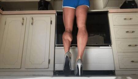 Silver High Heels Tight Blue Running Shorts Kitchen Flex