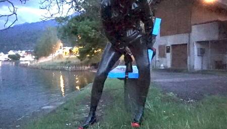 Pierced Latex Girl in Transparent Ishtar and Brute Demask Ass Shaping Leggings, Blouse,  Jacket, Demask  Corsett & Gloves fucking herself with 2 large Dildos, Pee and Suck Perced Dick PART II