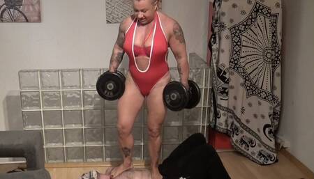 FBB milf muscle wife trampling and squash the slave while curls biceps with barbells huge biceps big back strong legs dominatrix  massive bodybuilder
