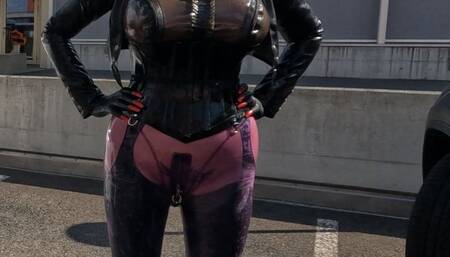 Big Boobs Latex Doll peeing and plugged in the city PART I