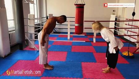Olha black and white gi face kicks and victory poses