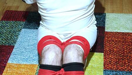 Footballer bound and gagged escape challenge in red rope 5