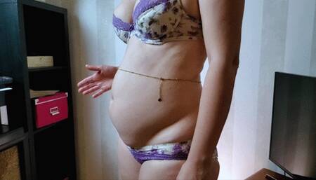 Stuffed belly slapping in lingerie